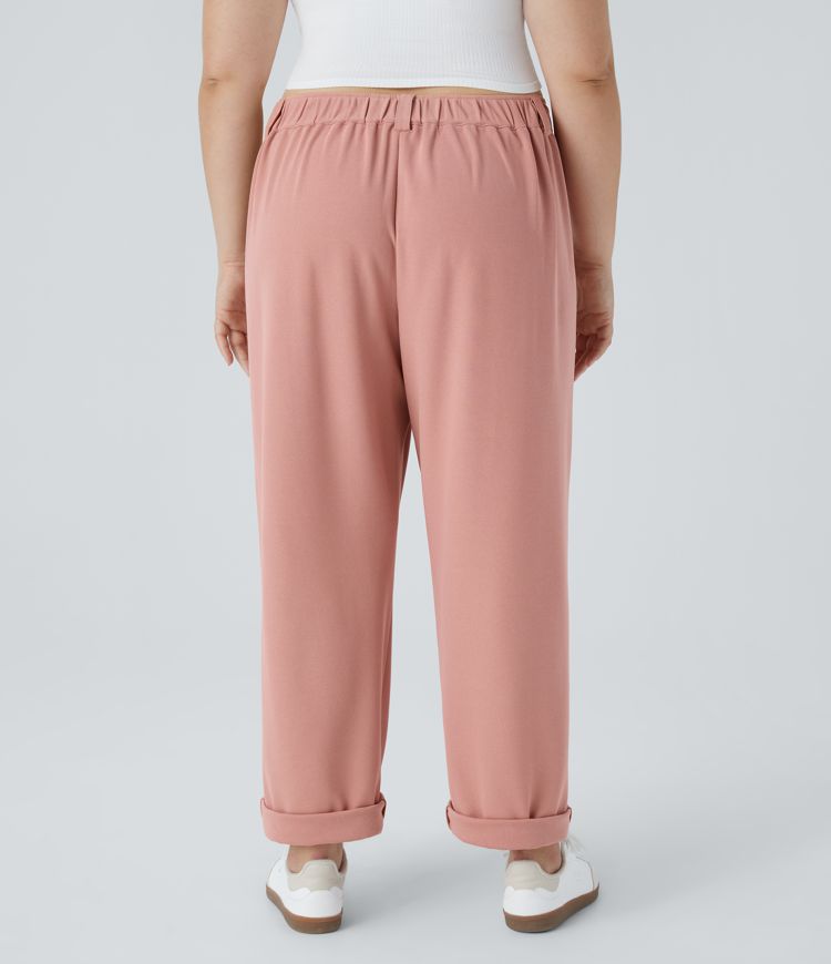 Mid Rise Button Zipper Side Pocket Waffle Casual Plus Size Trousers