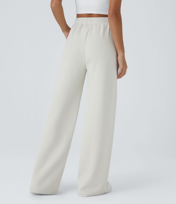 Ribbed Knit High Waisted Drawstring Pocket Straight Leg Casual Pants