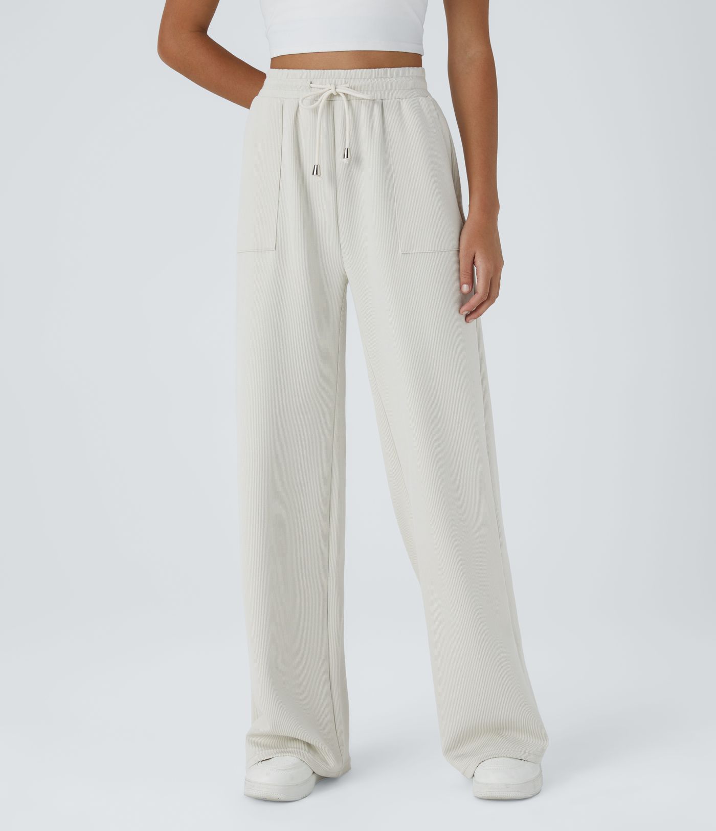 Pantalon Décontracté Droit à Côtes, Taille Haute avec Cordon et Poches