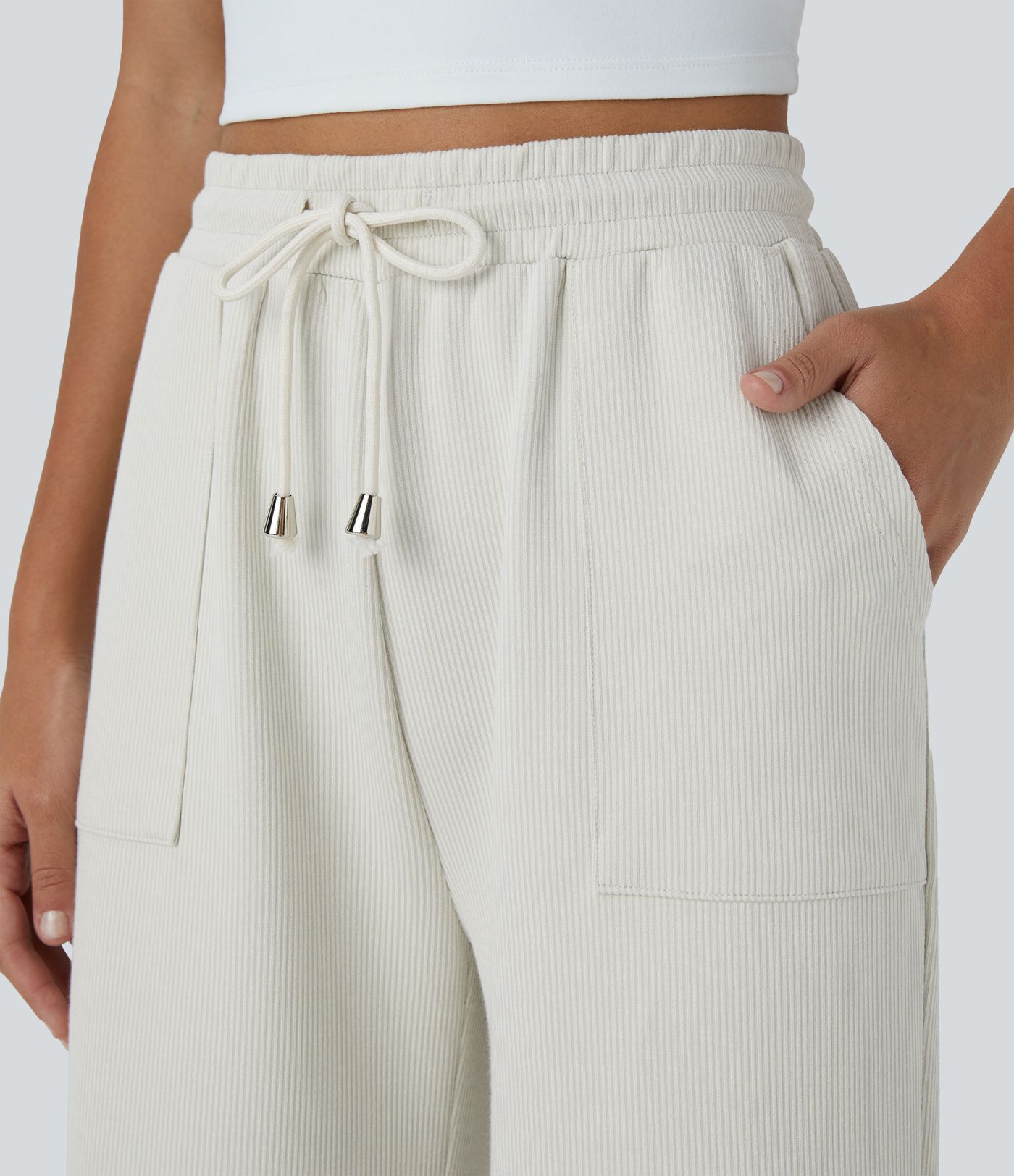 Pantalon Décontracté Droit à Côtes, Taille Haute avec Cordon et Poches