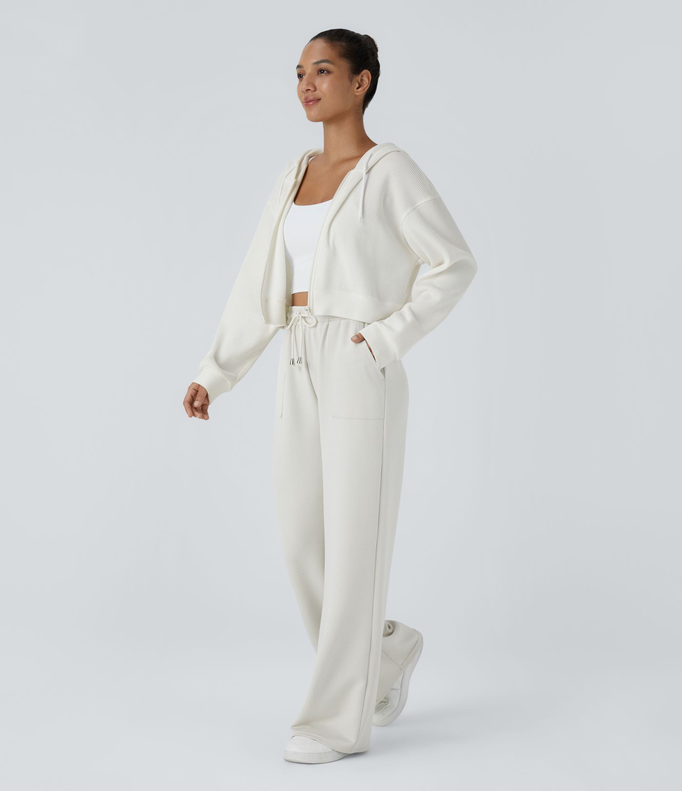 Pantalon Décontracté Droit à Côtes, Taille Haute avec Cordon et Poches