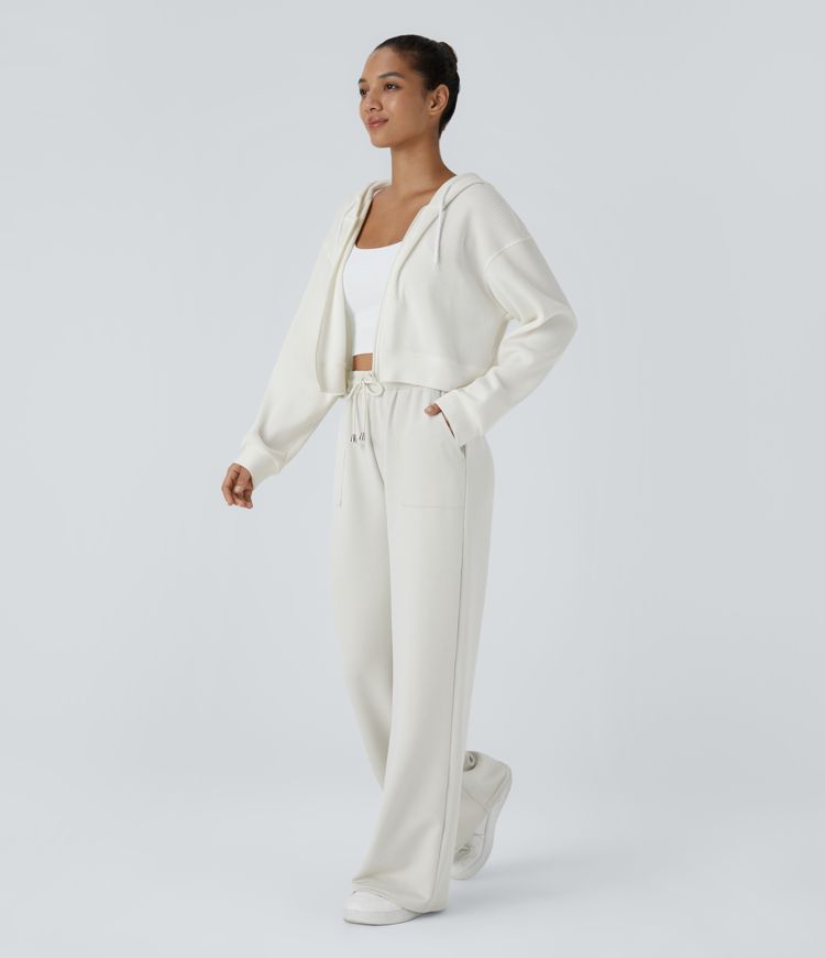 Ribbed Knit High Waisted Drawstring Pocket Straight Leg Casual Pants