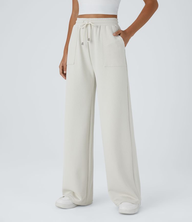 Ribbed Knit High Waisted Drawstring Pocket Straight Leg Casual Pants