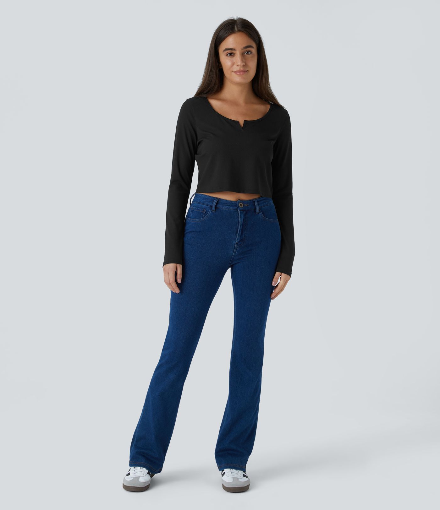 Ribbed Knit Long Sleeve Cropped Casual Top