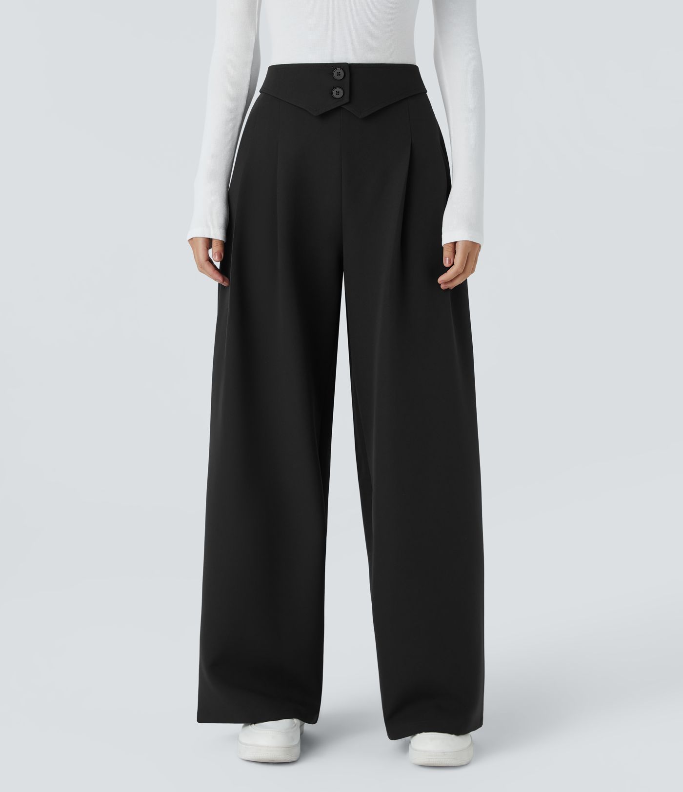 High Waisted Decorative Pocket Wide Leg Work Pants