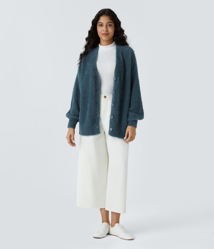 V Neck Bishop Sleeve Button Relaxed Casual Cardigan