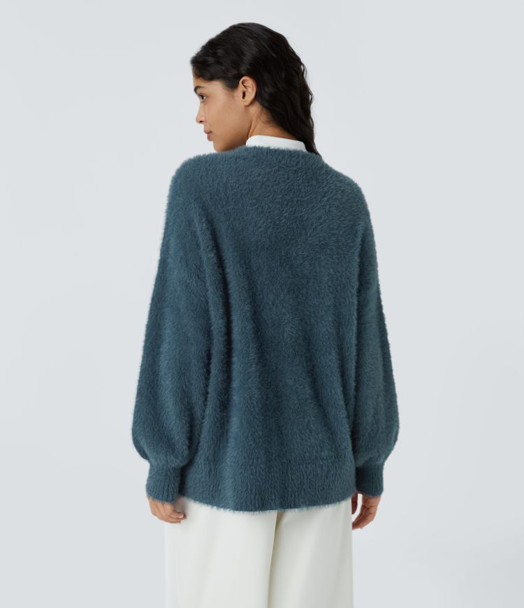 V Neck Bishop Sleeve Button Relaxed Casual Cardigan