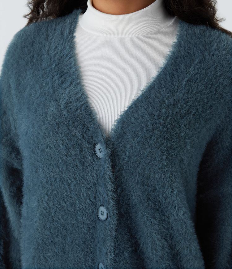 V Neck Bishop Sleeve Button Relaxed Casual Cardigan