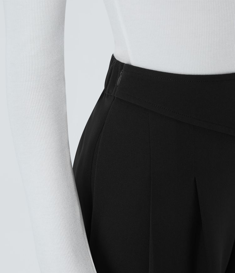 High Waisted Decorative Pocket Wide Leg Work Pants