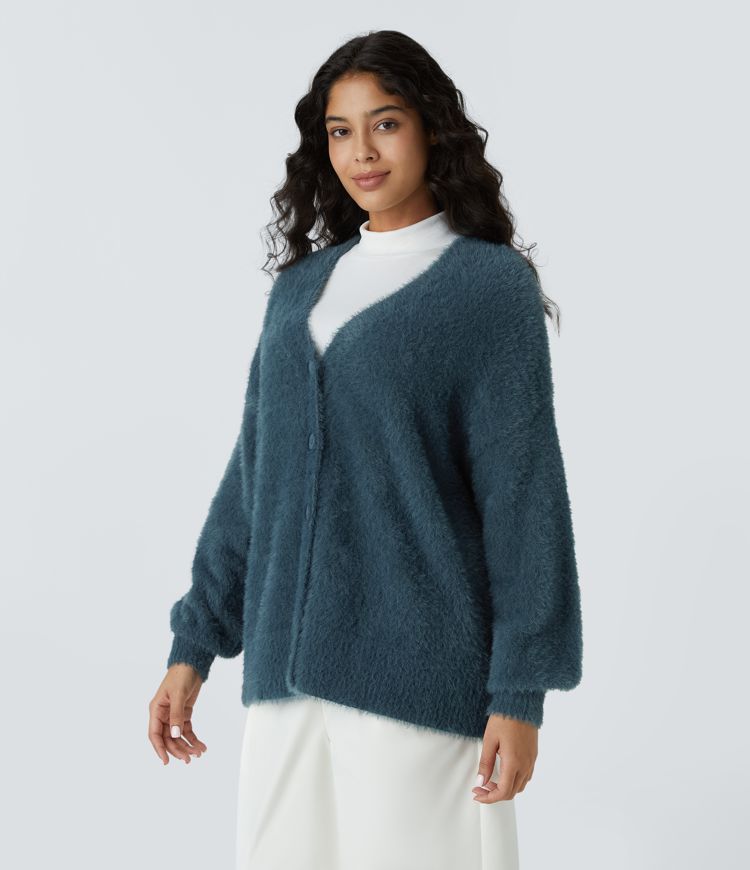 V Neck Bishop Sleeve Button Relaxed Casual Cardigan