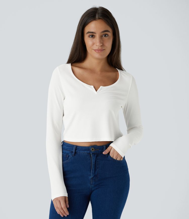 Ribbed Knit Notched Long Sleeve Cropped Casual Top