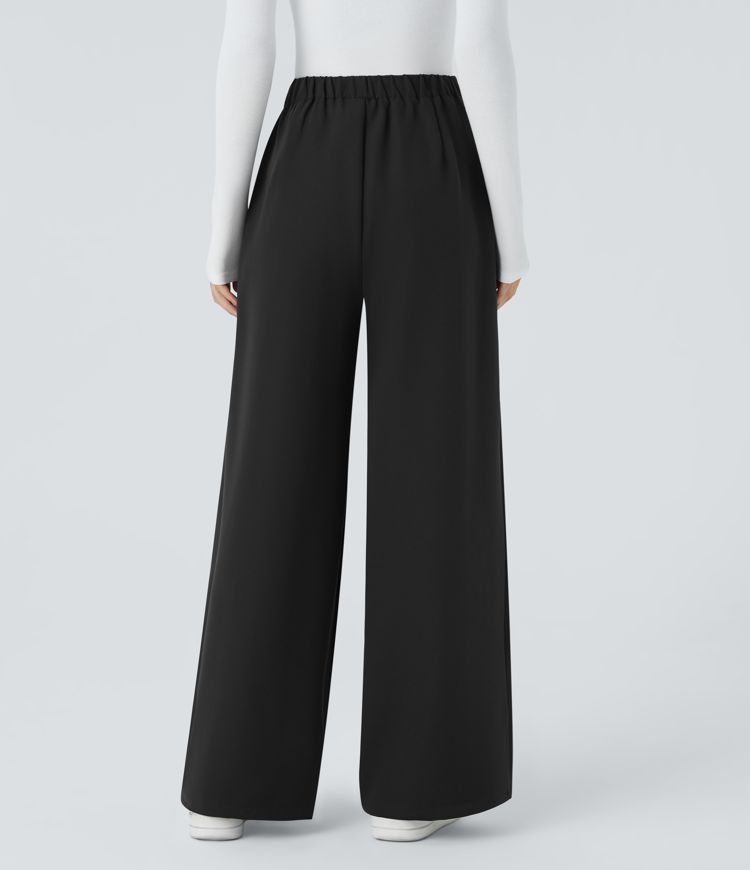 High Waisted Decorative Pocket Wide Leg Work Pants