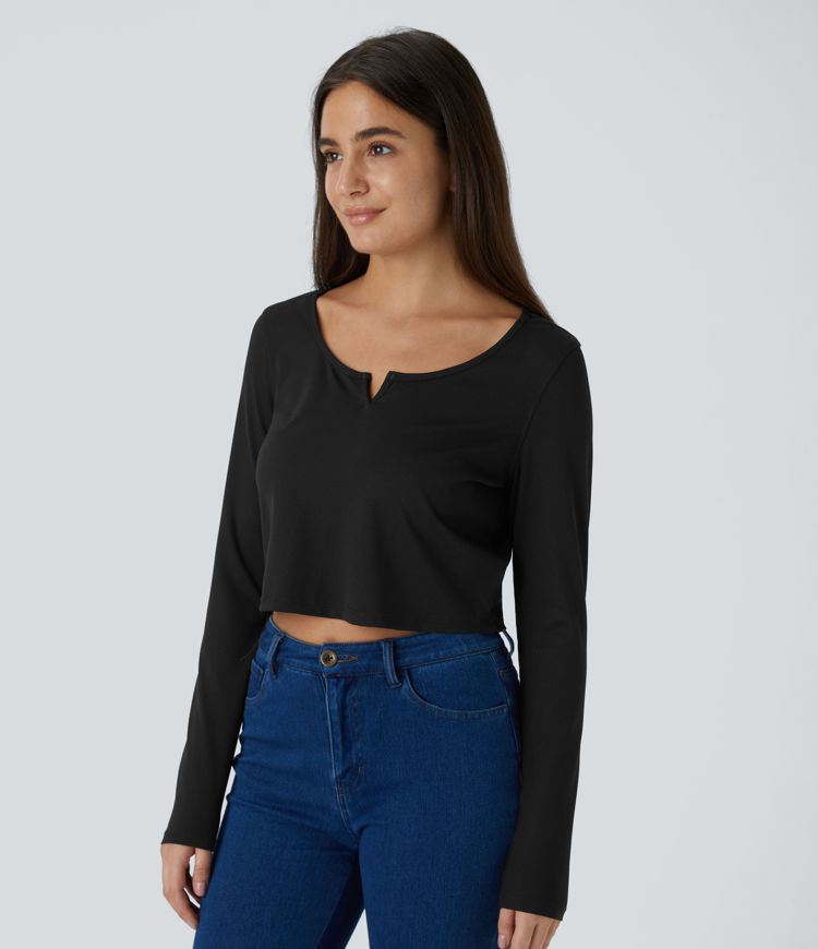 Ribbed Knit Long Sleeve Cropped Casual Top