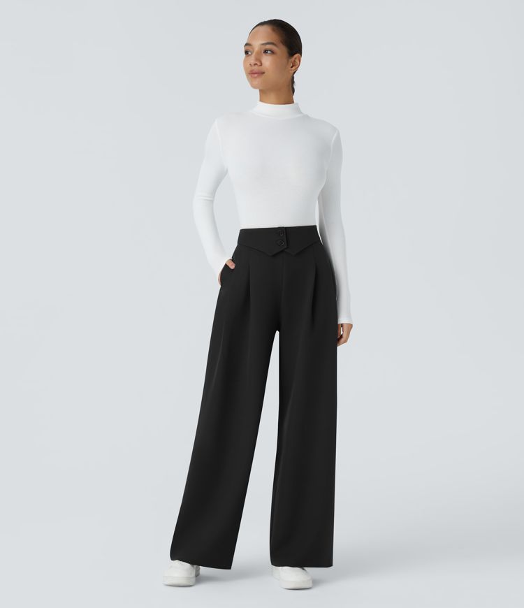 High Waisted Decorative Pocket Wide Leg Work Pants