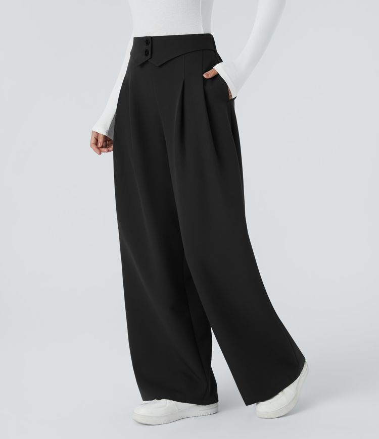 High Waisted Decorative Pocket Wide Leg Work Pants