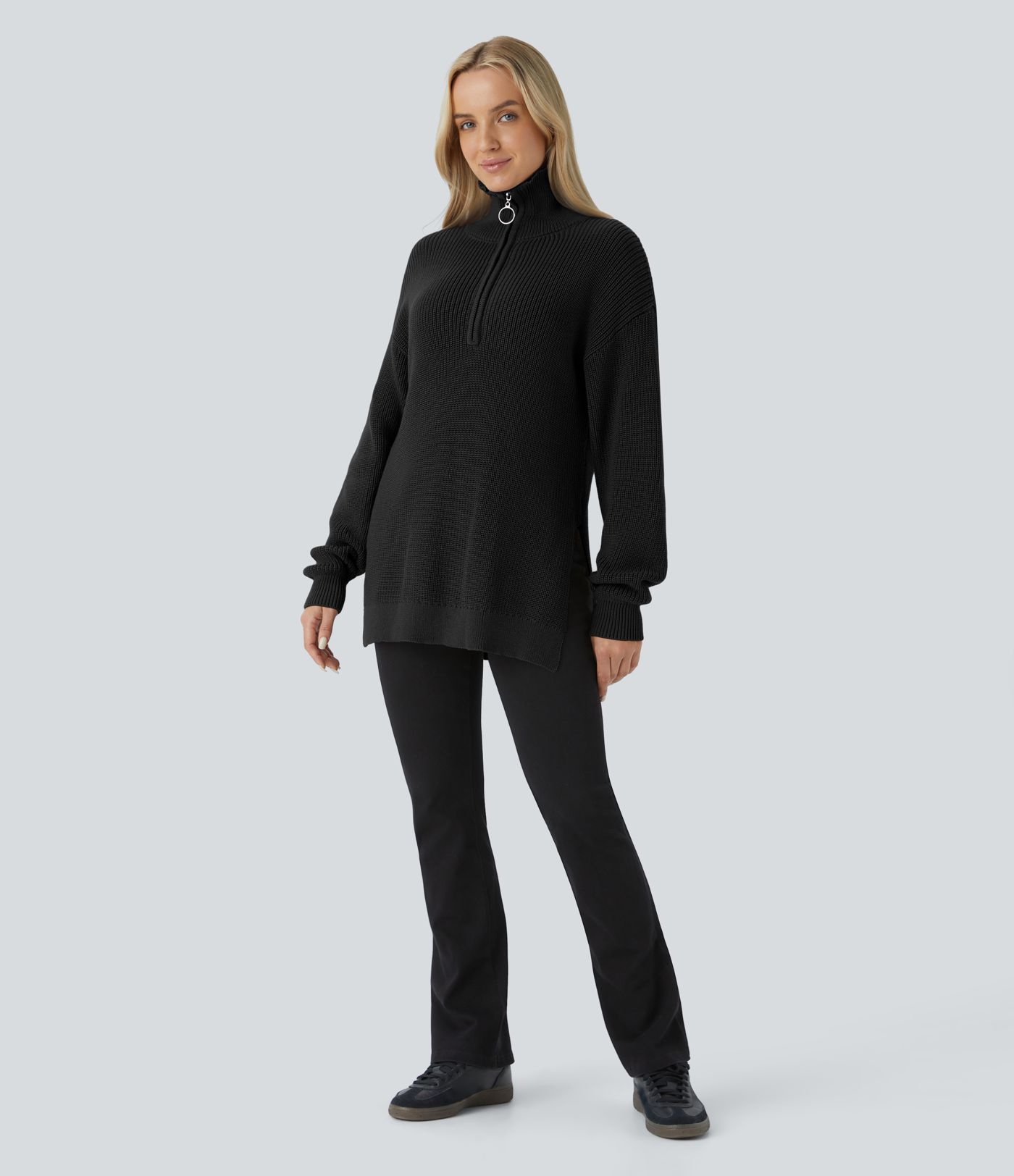 Funnel Neck Half Zip Long Sleeve Casual Sweater