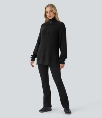 Funnel Neck Half Zip Long Sleeve Casual Sweater