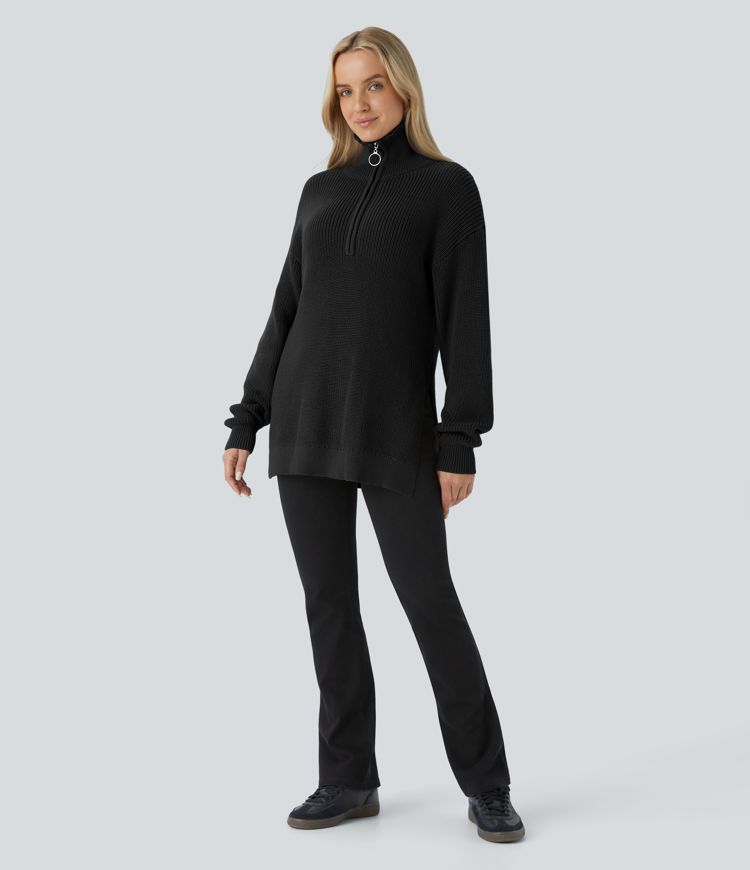 Funnel Neck Half Zip Long Sleeve Casual Sweater