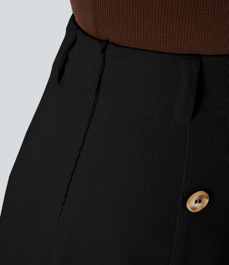 High Waisted Decorative Button Invisible Zipper Corduroy Midi Work Skirt