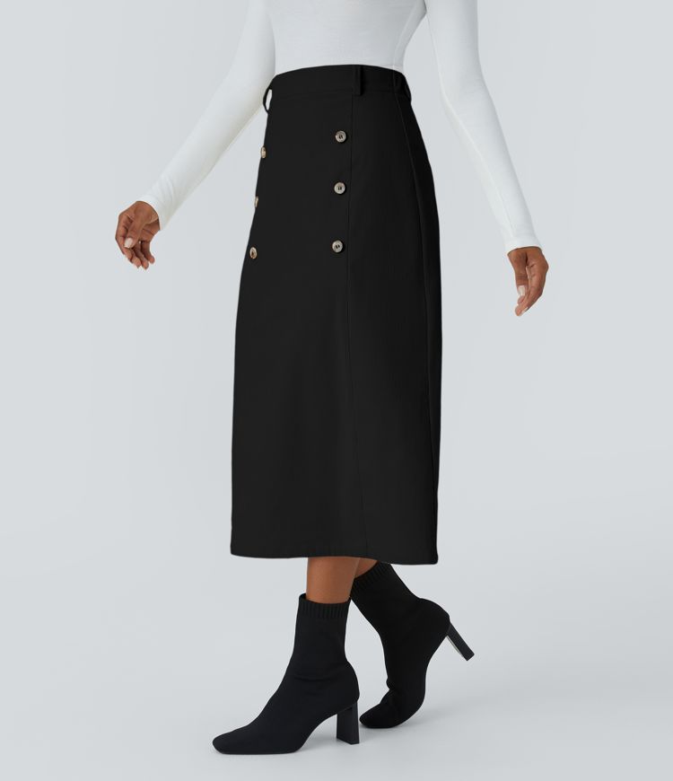 High Waisted Decorative Button Invisible Zipper Corduroy Midi Work Skirt