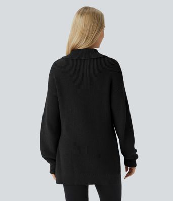 Funnel Neck Half Zip Long Sleeve Casual Sweater