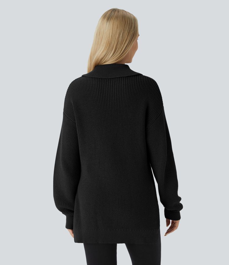 Funnel Neck Half Zip Long Sleeve Casual Sweater