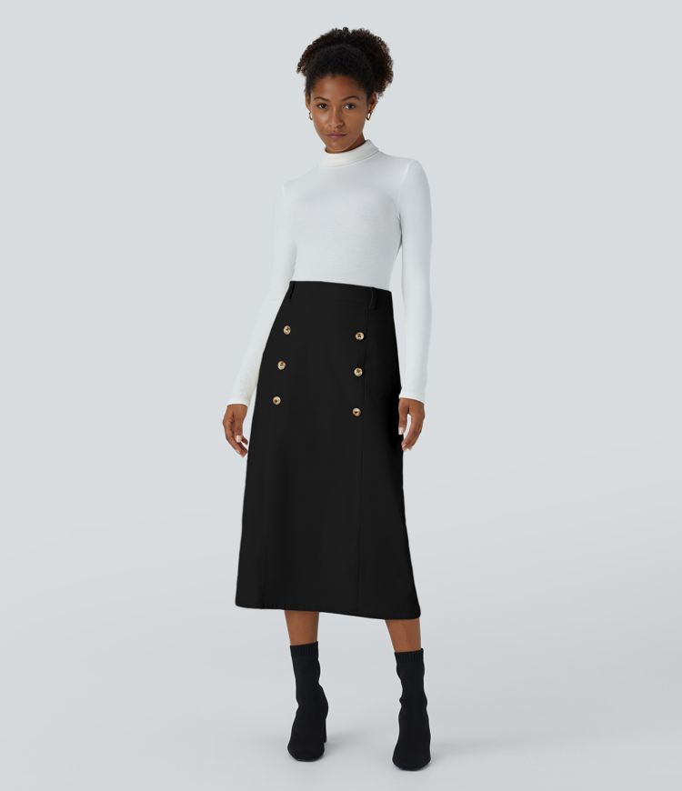 High Waisted Decorative Button Invisible Zipper Corduroy Midi Work Skirt