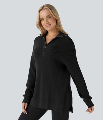 Funnel Neck Half Zip Long Sleeve Casual Sweater