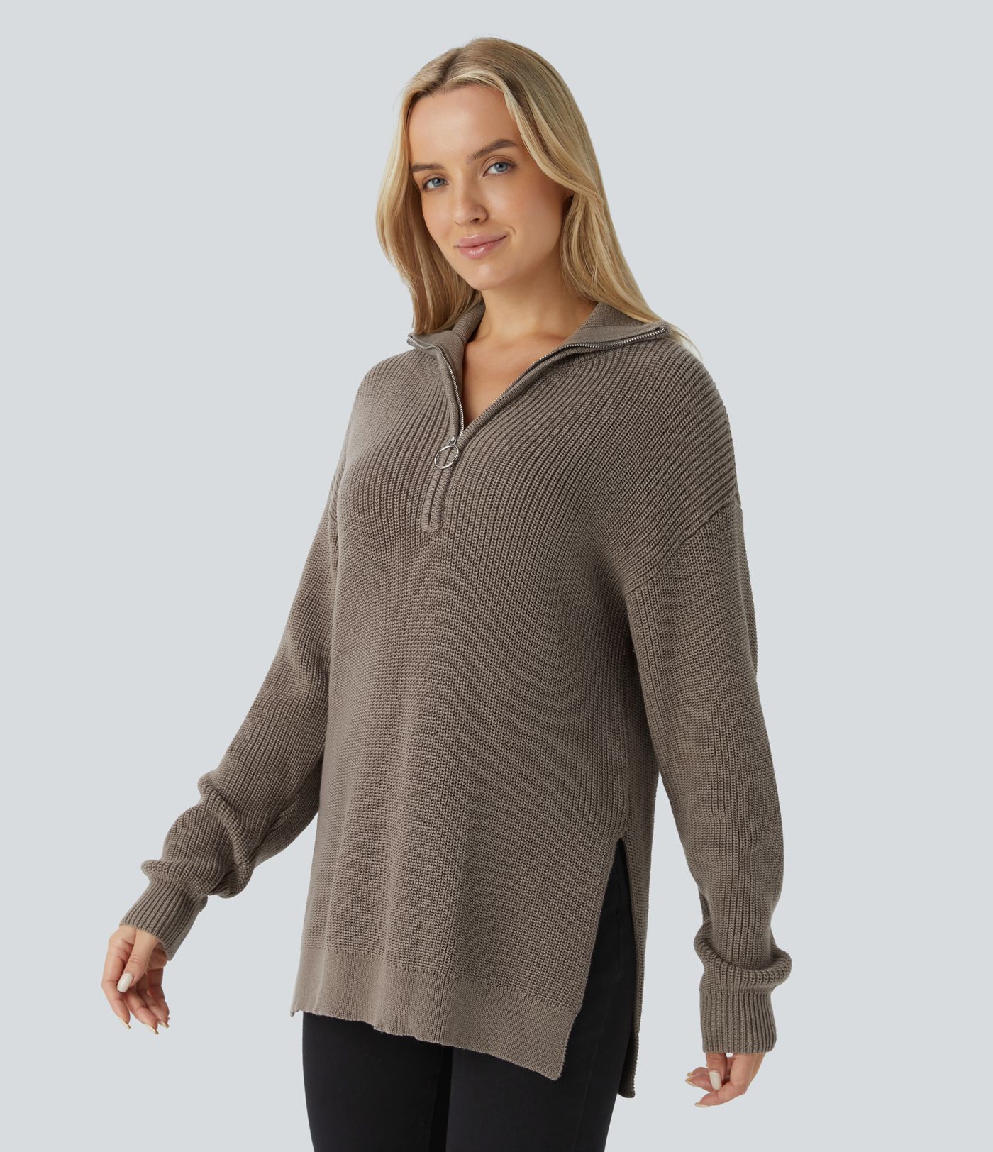 Funnel Neck Half Zip Long Sleeve Casual Sweater