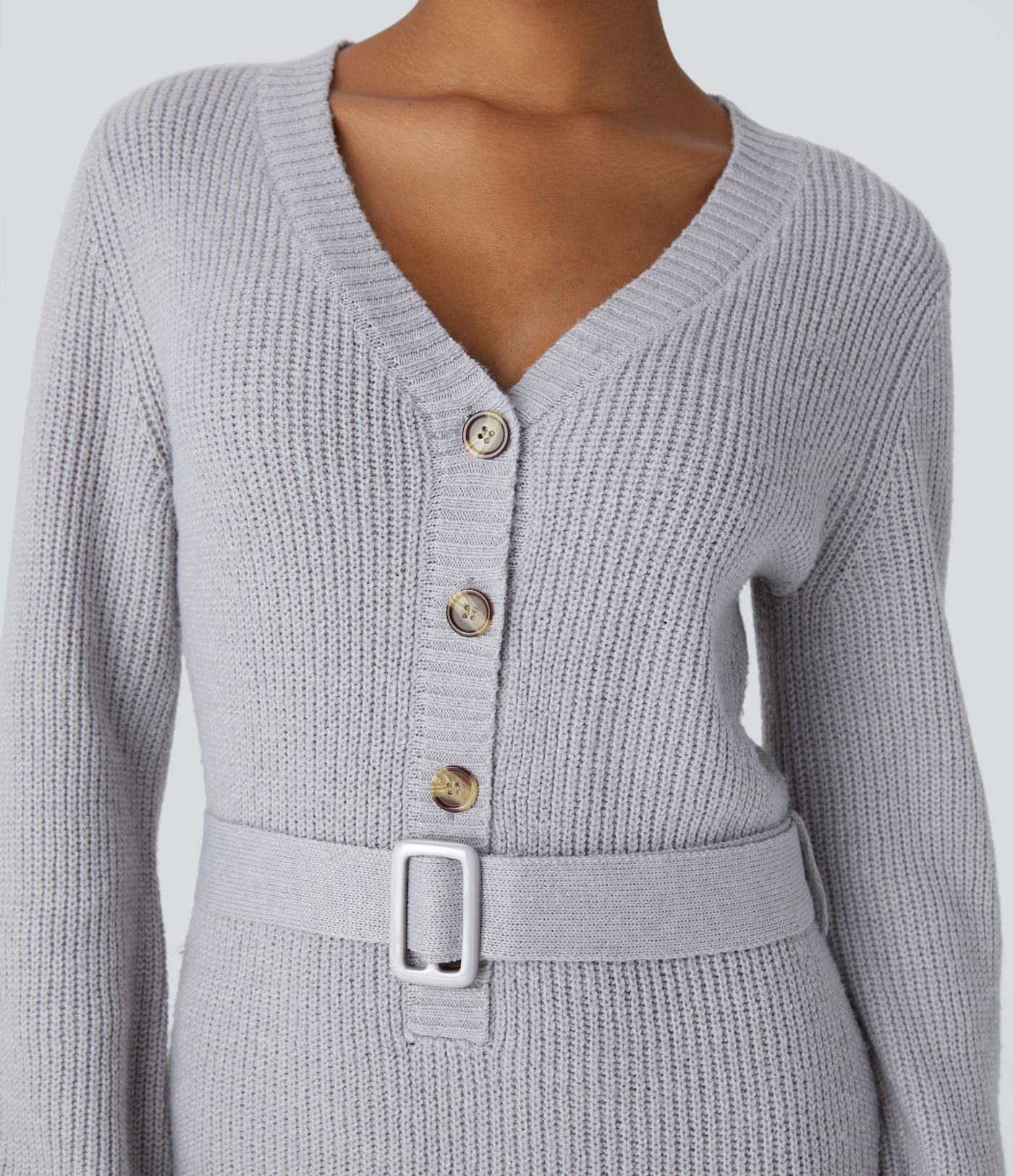 V Neck Front Long Sleeve Belted Mini Casual Sweater Dress