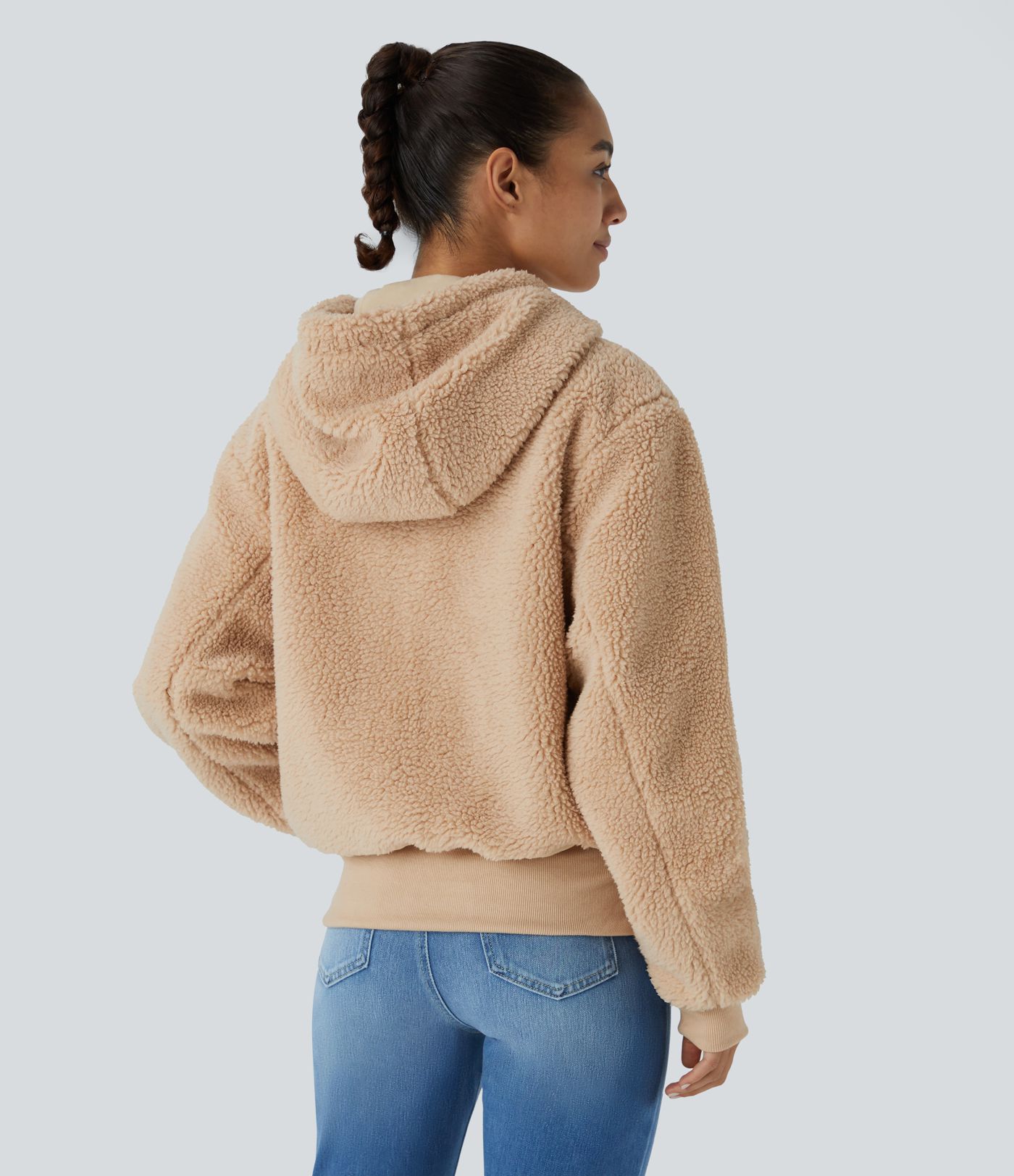 Hooded Long Sleeve Zipper Pocket Contrast Ribbed Relaxed Casual Sherpa Jacket