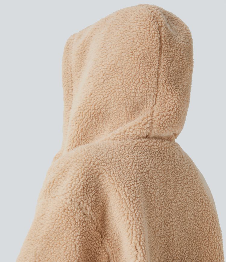 Hooded Long Sleeve Zipper Pocket Contrast Ribbed Relaxed Casual Sherpa Jacket