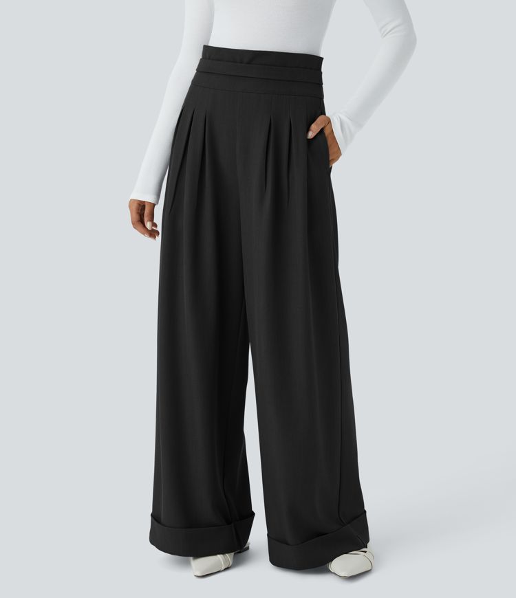 Pantalón pierna ancha pliegue bolsillo lateral cremallera invisible tiro súper alto