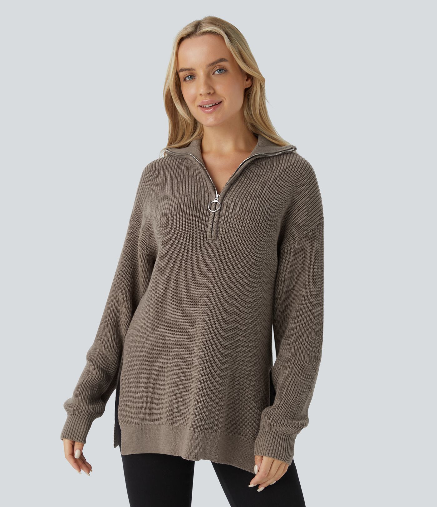 Funnel Neck Half Zip Long Sleeve Casual Sweater