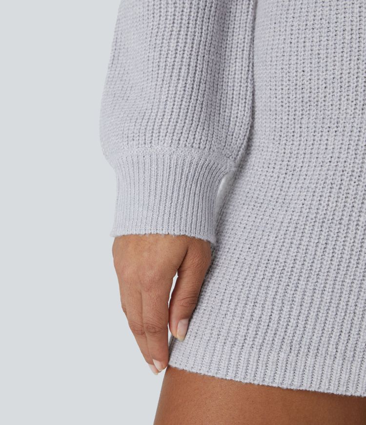 Vestido suéter corto cinturón manga larga botón delantera cuello V