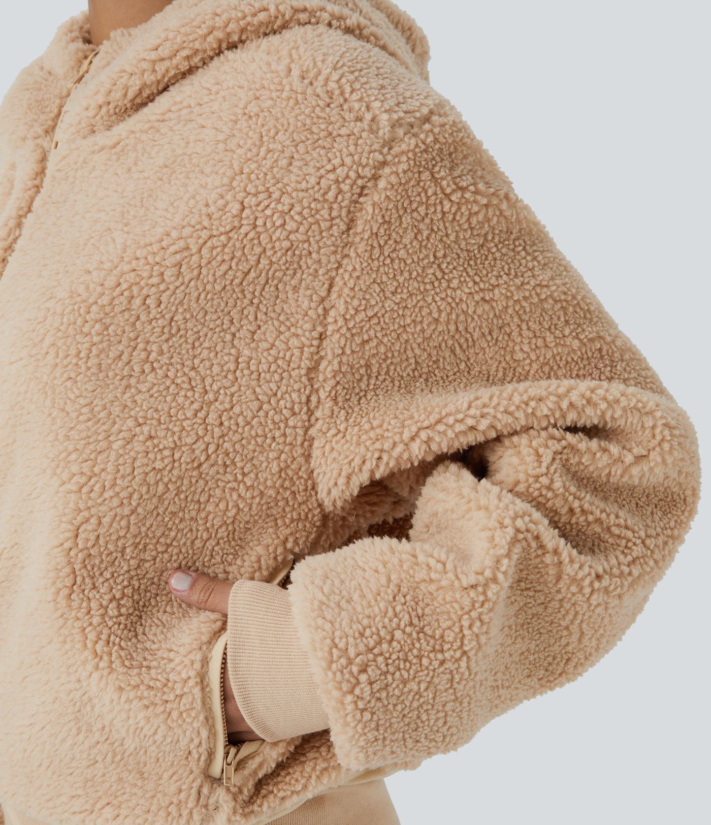 Hooded Long Sleeve Zipper Pocket Contrast Ribbed Relaxed Casual Sherpa Jacket