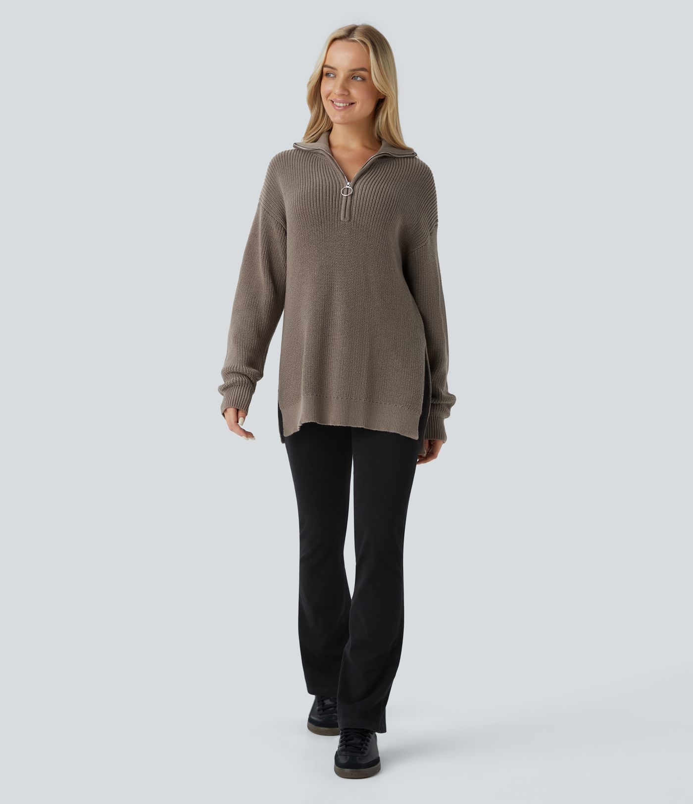 Funnel Neck Half Zip Long Sleeve Casual Sweater
