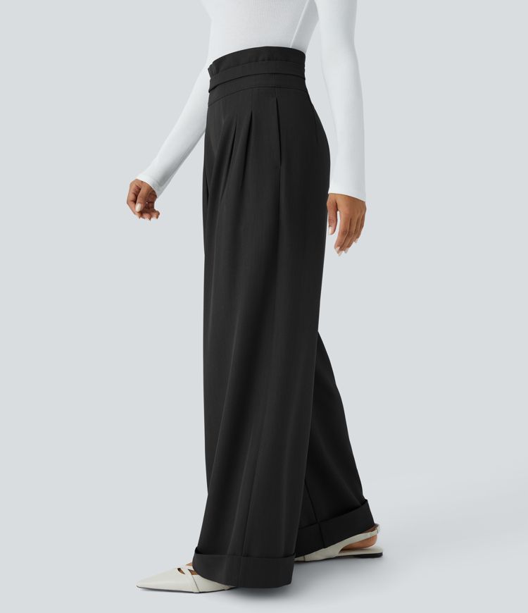 Pantalón pierna ancha pliegue bolsillo lateral cremallera invisible tiro súper alto