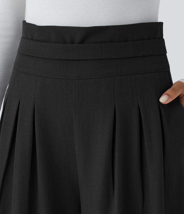 Pantalón pierna ancha pliegue bolsillo lateral cremallera invisible tiro súper alto