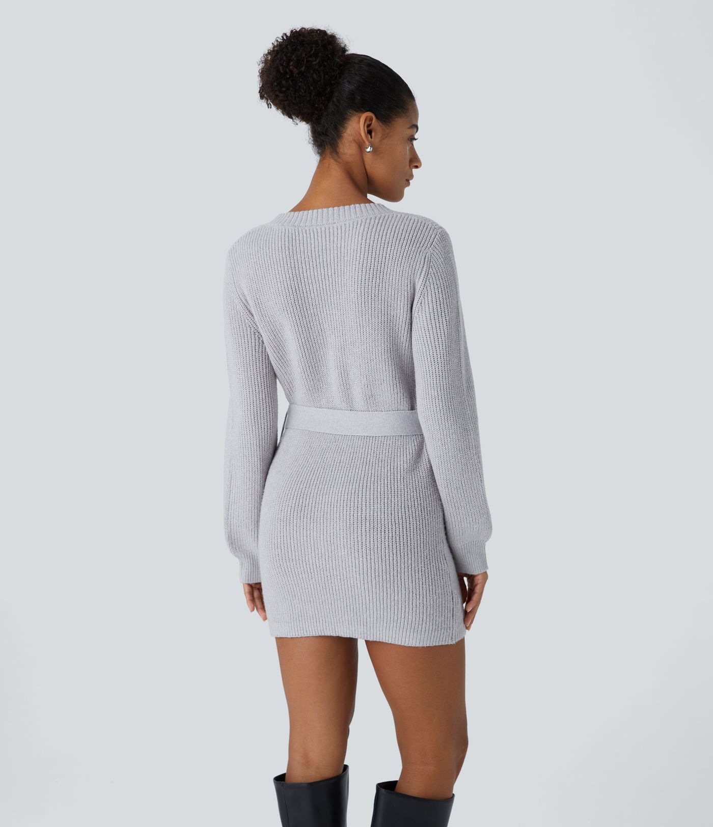 V Neck Front Long Sleeve Belted Mini Casual Sweater Dress