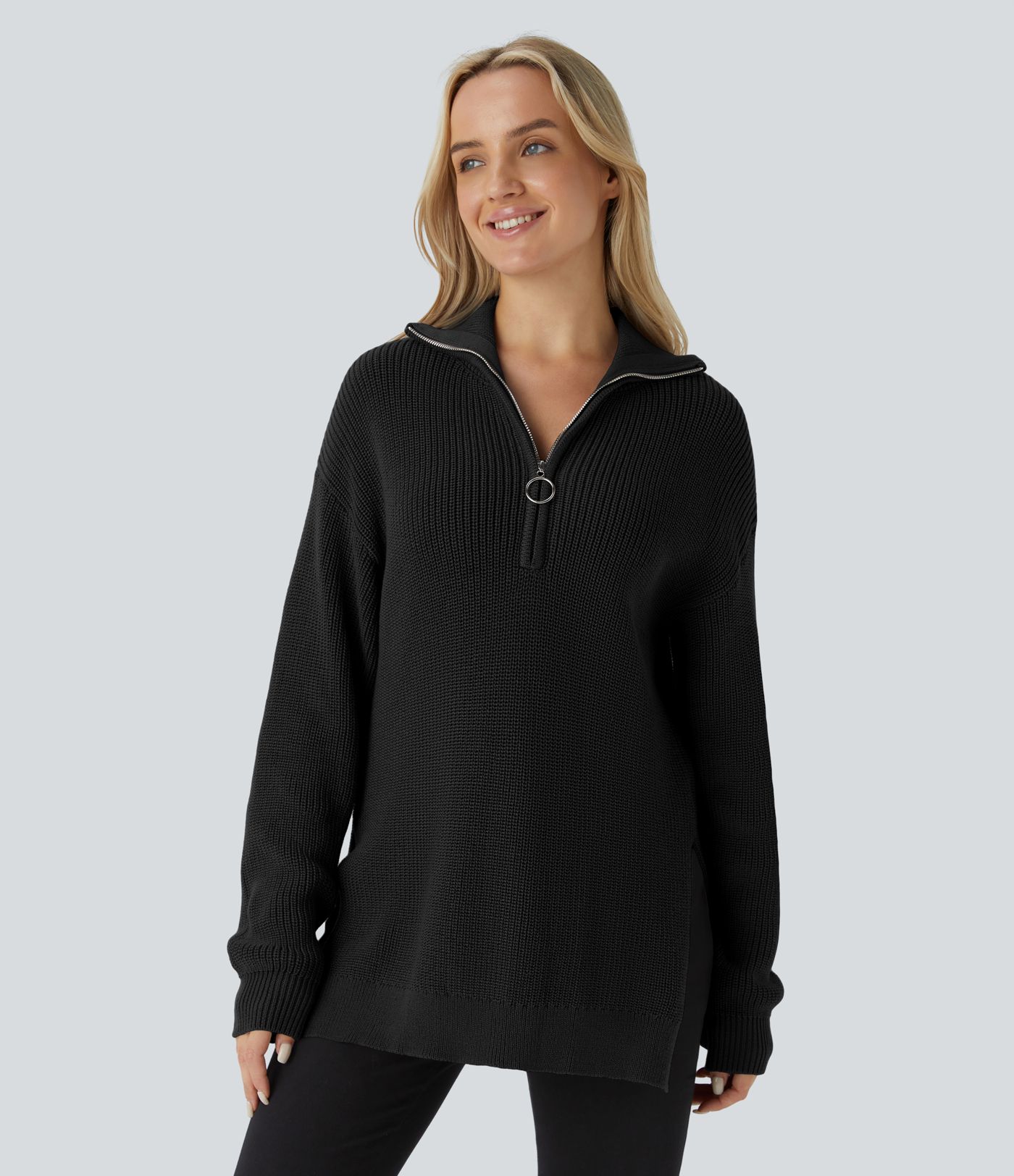 Funnel Neck Half Zip Long Sleeve Casual Sweater