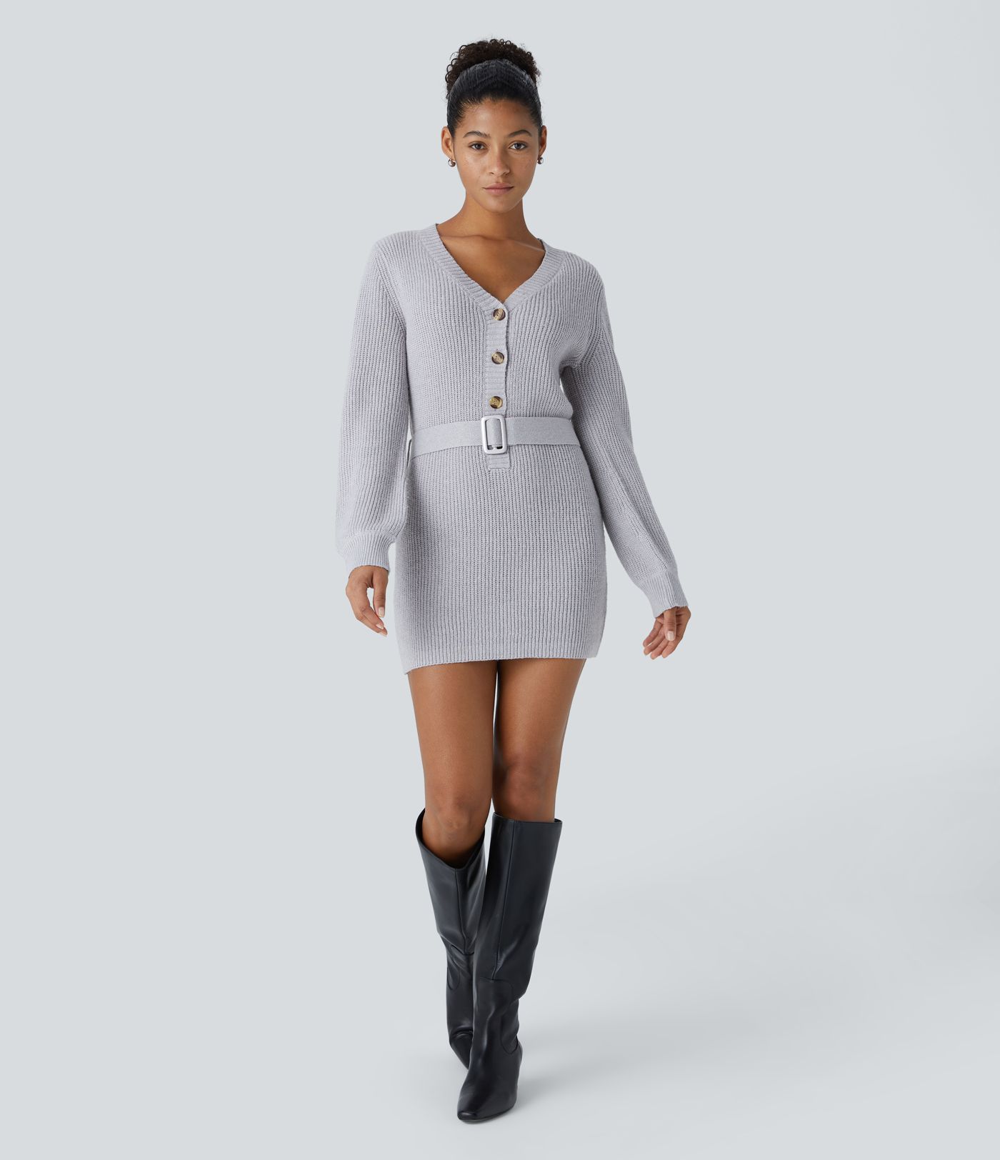 V Neck Front Long Sleeve Belted Mini Casual Sweater Dress