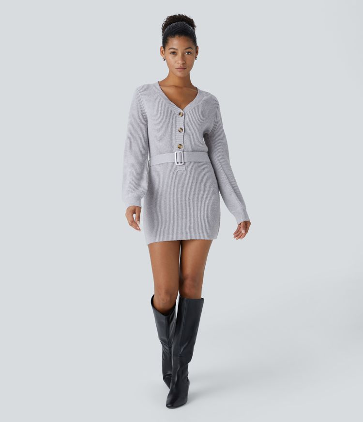 Vestido suéter corto cinturón manga larga botón delantera cuello V