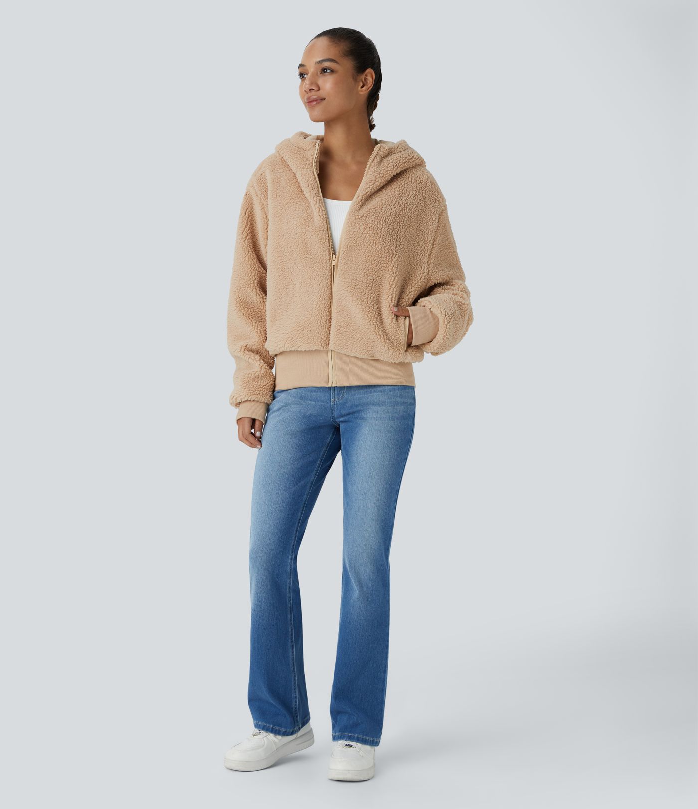 Hooded Long Sleeve Zipper Pocket Contrast Ribbed Relaxed Casual Sherpa Jacket