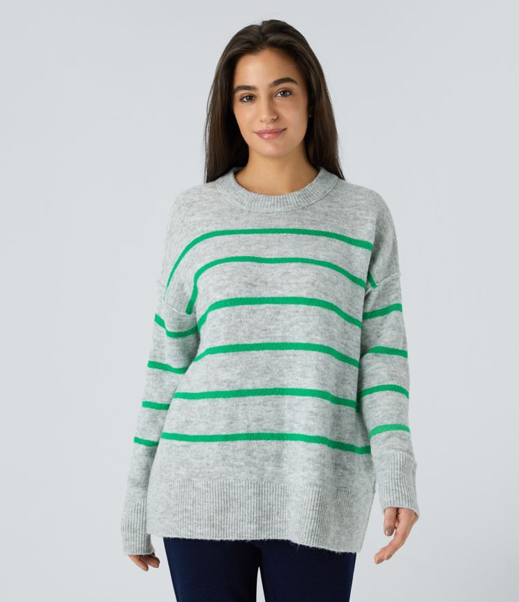 Suéter relajado cuello redondo hombro caído estampado rayas