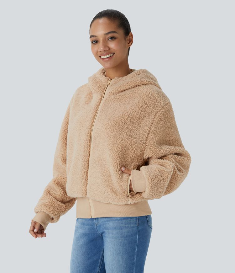 Hooded Long Sleeve Zipper Pocket Contrast Ribbed Relaxed Casual Sherpa Jacket