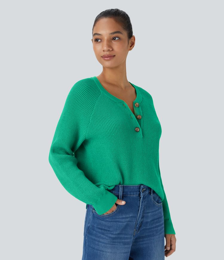 Round Neck Front Long Sleeve Casual Sweater