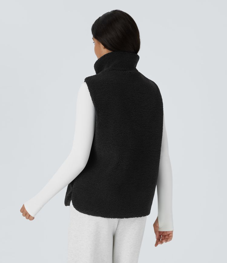 High Neck Zipper Side Pocket Casual Sherpa Vest