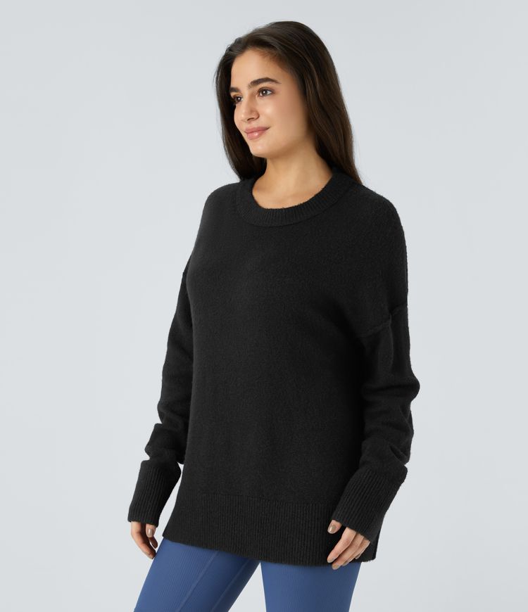 Round Neck Dropped Shoulder Striped Pattern Relax Casual Sweater