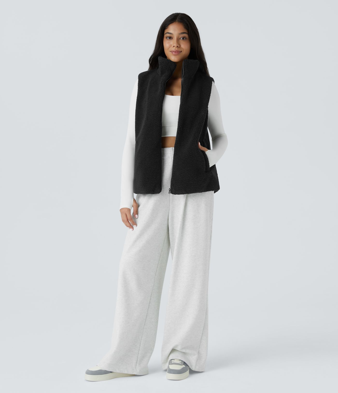 High Neck Zipper Pocket Casual Sherpa Vest